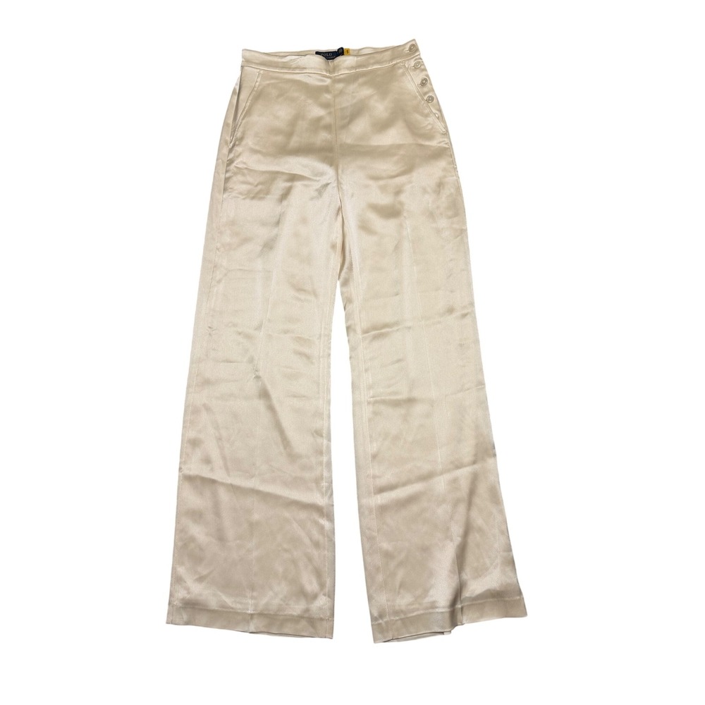 Polo Ralph Lauren Satin Wide-Leg Pant Chic Cream High Rise Trousers Size 2 NEW - Picture 2 of 8